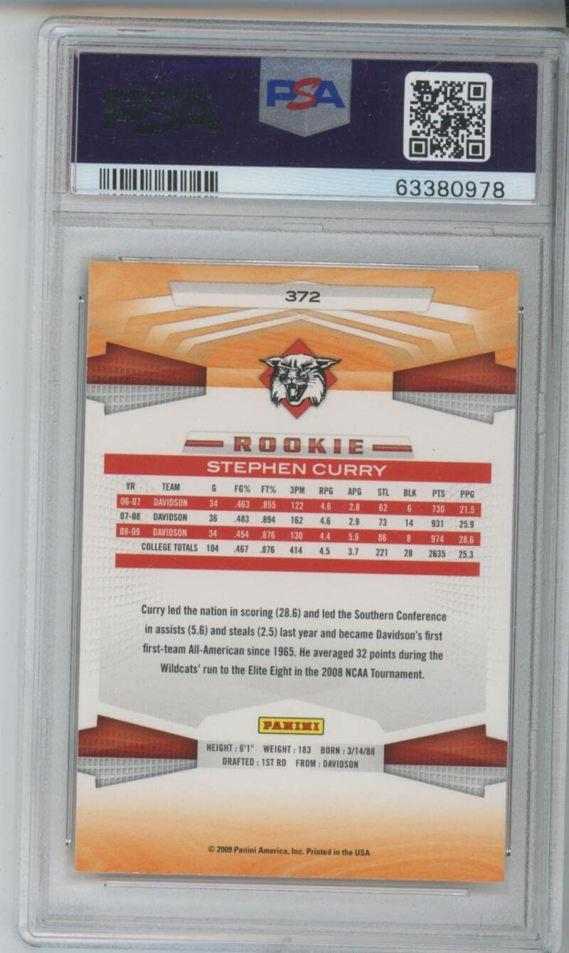 Amazon.com: Stephen Curry Rookie Card 2009-10 Panini #372 PSA 9